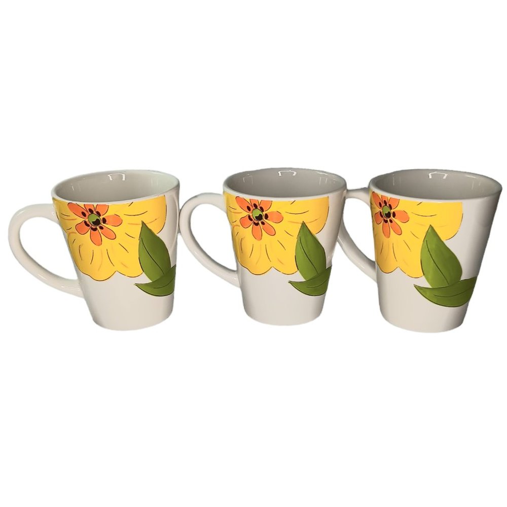 Gates Ware Laurie Gates Floral Mugs Yellow Blue Orange Hippie Boho Set of Three